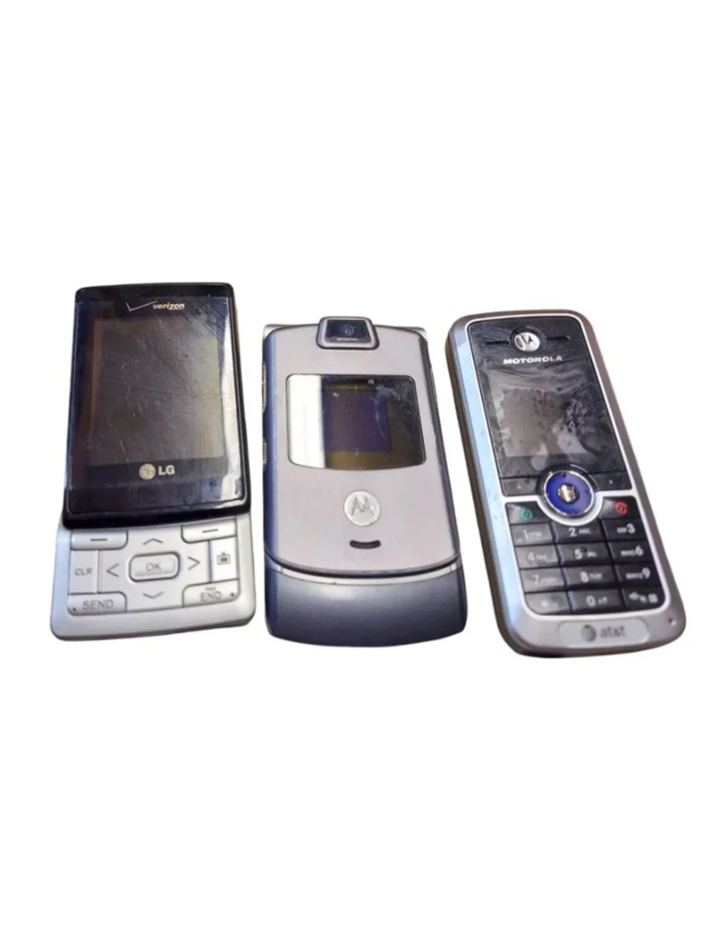 Lot Of 3 Vintage Flip & Slide Phones Motorola RAZR V3 LG VX9400